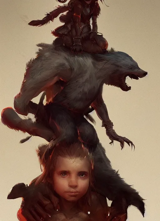 Prompt: a small girl mage sitting on the shoulder of a werewolf guardian, ultra detailed, fantasy, dramatic lighting, trending on artstation, award - winning, artgerm and greg rutkowski, 8 k