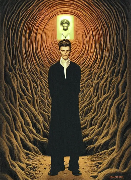 Image similar to twin peaks poster art, david bowie stands before the maze, old retro pulp, by michael whelan, rossetti bouguereau, artgerm, retro, nostalgic, old fashioned