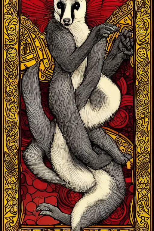 Prompt: tarot card illustration of the card the stoat, framed in an elaborate line border, tarot card, detailed illustration, weasels, furry art, artstation, 4 k