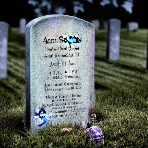 Prompt: a headstone with justin sun hologram, by annie leibovitz, shallow depth of field, cinematic lighting, dystopian futurism, zombie hand reaching up from ground in front of headstone