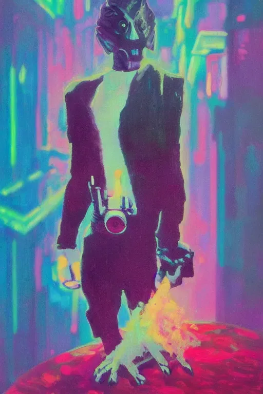 Image similar to goblin, painted by Danny Flynn and Kevin Wasden,trending on artstation, simple lighting camera view from above,Eraserhead ,vaporwave ,60s kitsch and psychedelia ,oil and canvas ,Blade Runner 2049 ,