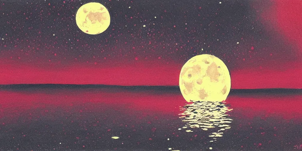 Prompt: the moon shining on a lake at night, scarlet colour splash, painted with pastels, detailed sumi-e illustration