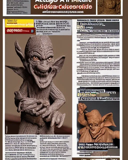 Prompt: 'magazine page with a picture of a clay sculpture of a goblin' clay sculpture, magazine, zoomed out, zoomed out, zoomed out