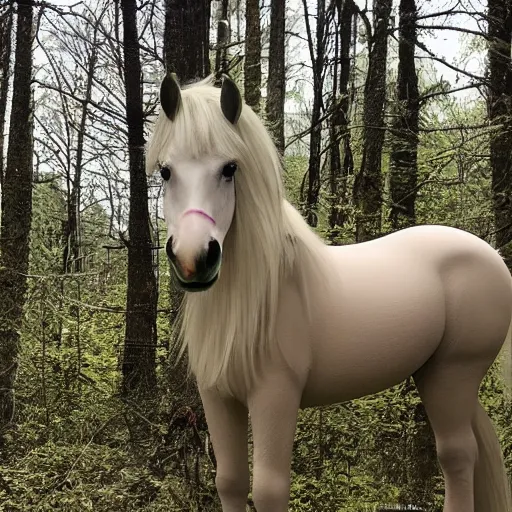 Prompt: photo of a wild horse in the woods that looks like a my little pony, feral vicious cryptid