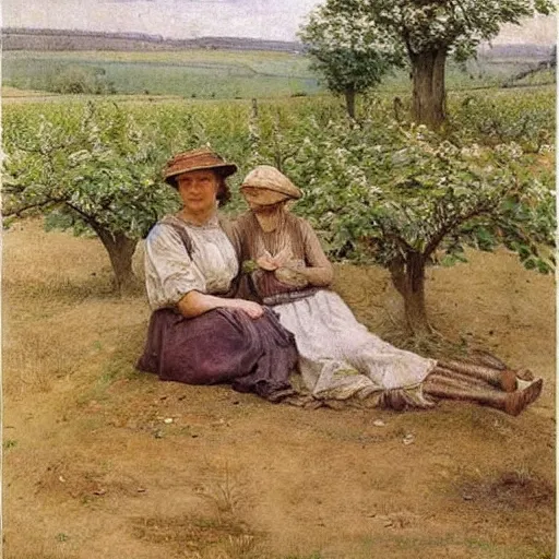 Image similar to by walter langley calm. a beautiful body art depicting a farm scene. the body art shows a view of an orchard with trees in bloom.