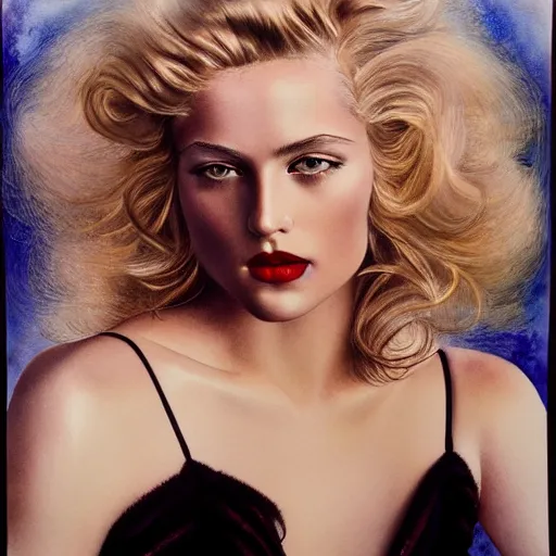 Prompt: stunning award - winning portrait of a beautiful blonde woman by herb ritts. long curly glossy hair and makeup. vintage glamour. shiny dark lips. highly detailed and realistic watercolor painting on canvas. brush strokes.