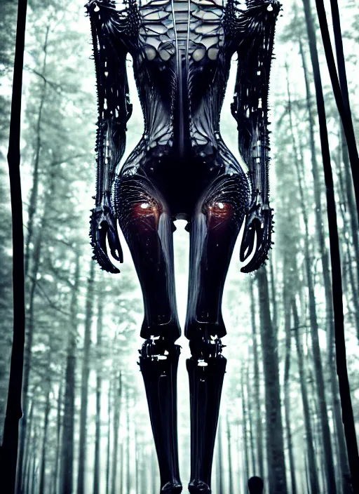 Image similar to catwalk, forest, iris van herpen gothic inflateble dark dress, perfect symmetrical body, helmet on face, full body shot, inflateble shapes, wires, tubes, veins, jellyfish, white biomechanical details, wearing epic bionic cyborg implants, masterpiece, intricate, biopunk, vogue, highly detailed, artstation, concept art, cyberpunk, octane render