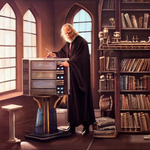 Image similar to Albus Dumbledore fixing the Hogwarts supercomputer, oil painting 4k