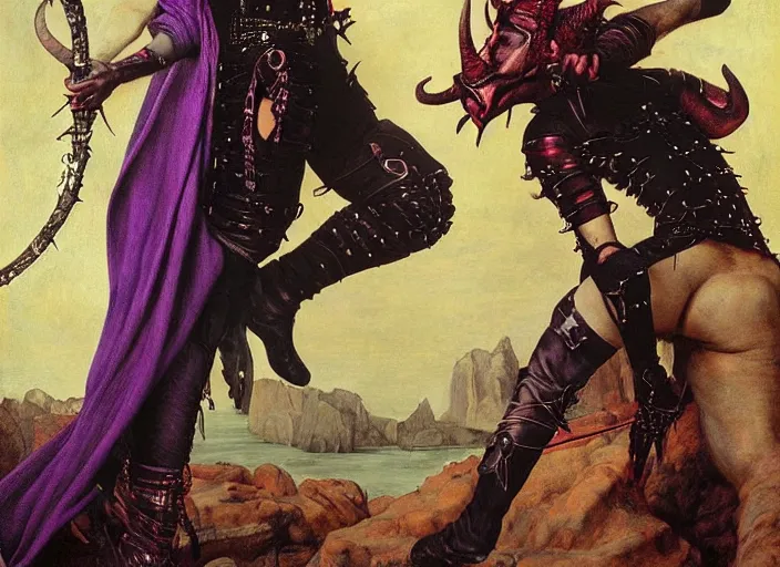 Image similar to a tiefling with brilliant red skin and horns, wearing purple. leather and spiked boots. guitar. heavy metal. edgar maxence and caravaggio and michael whelan and delacroix style, artistic, intricate painting, cinematic lighting, hyper realistic, extremely detailed, vivid colors, establishing shot, dramatic lighting