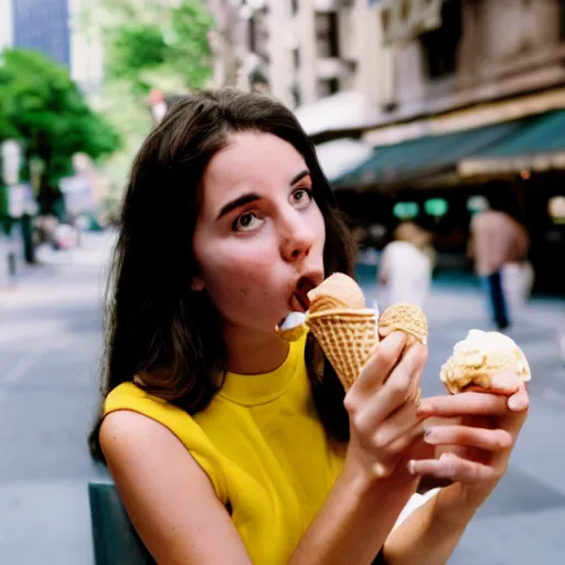 Image similar to a film photo of a young brunette woman, 26, eating ice cream cone on a hot summer's day in New York City