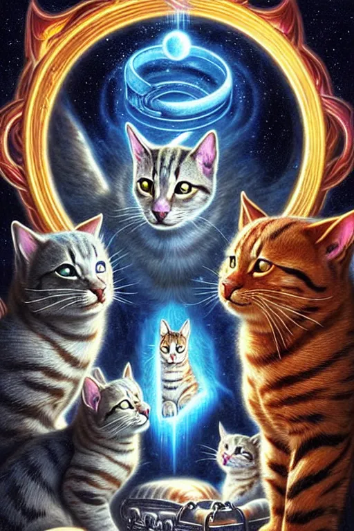 Prompt: a photorealistic detailed cinematic image of guardian cats spirit guiding a departed soul crossing the ornate portal to the afterlife. powerful, triumph, glory, astonishing, met by friends and family, overjoyed, by pinterest, david a. hardy, kinkade, lisa frank, wpa, public works mural, socialist