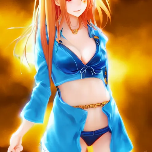 Image similar to picture : a beautiful young redhead anime girl, sky blue eyes, bikini, golden miniskirt, highly detailed, cinematic wallpaper by stanley artgerm lau