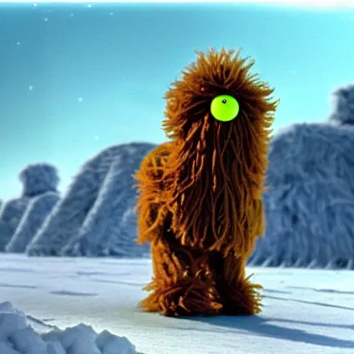 Prompt: Mr. Snuffleupagus walking along the planet Hoth