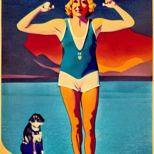 Prompt: a 1 9 2 8 colorful poster. happy, healthy, beautiful, smiling, sporty, glowing greta garbo in decent swim wear.