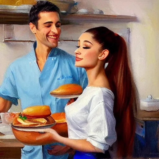 Prompt: Ariana Grande making breakfast for her husband, painting by Vladimir Volegov