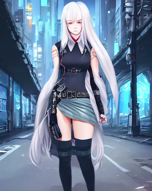 Image similar to The successful warrior is the average man, with laser-like focus, artwork by artgerm, anime, cyberpunk streets in Japan, elegant, seductive, long white hair, knee high socks, extra short blue plaid skirt, white blouse, army boots, full shot, wide-shot, long-shot, fantasy, mystical, magical