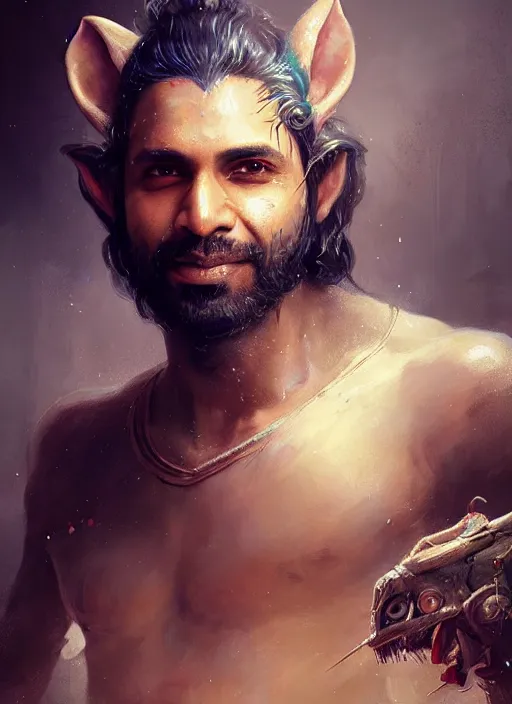 Image similar to Portrait of Indian Scruffy haired male biopunk scientist with elven ears, He is working on trinkets on a table, realistic, detailed, 4k by Greg Rutkowski Mark Arian trending on artstation