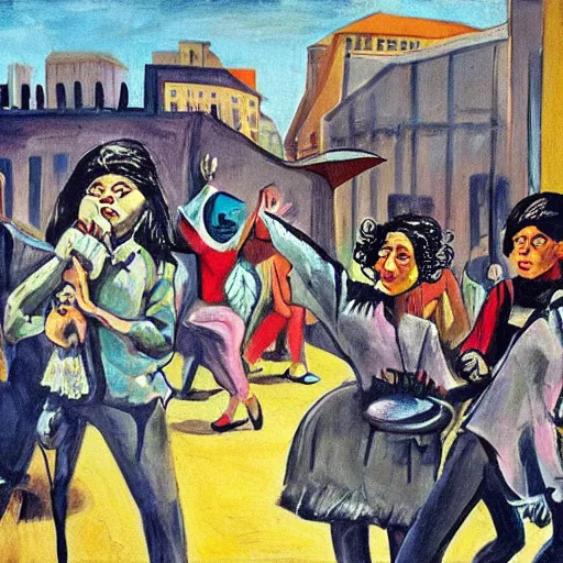 Image similar to feminist revolution, lisbon city at night, art in the style of paula rego