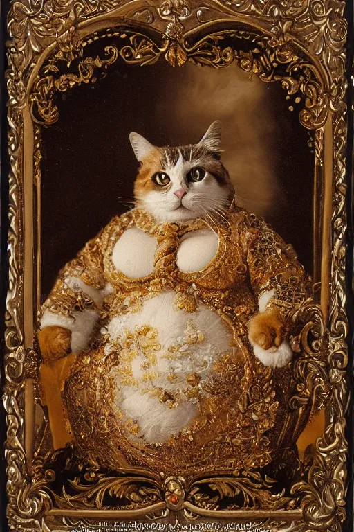 Prompt: a magnificent tintype portrait of a fluffy fat cat on an embroidered velvet cushion on a neo - rococo gilded little bed with precious stones, ball of yarns all around, by david lachapelle, photorealistic, photography, wide shot