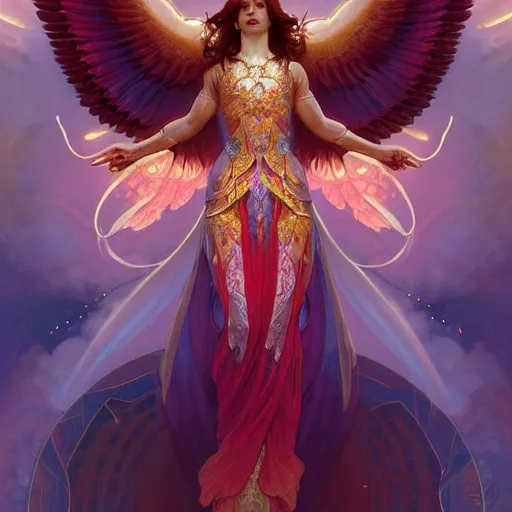 Image similar to a beautiful orchid phoenix angel woman, in an ornamented dress with large wings, volumetric light, god rays, 8 k high resolution, rubies, by greg rutkowski, artgerm, alphonse mucha