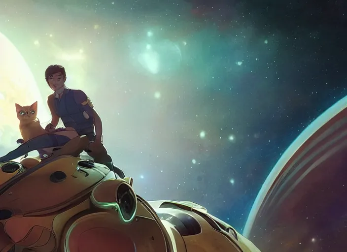 Image similar to a space handsome gay guy and his pet space cat staring role in a musical sci - fi space opera ghibli animated film, volumetric lighting, octane render by stanley artgerm lau, greg rutkowski, thomas kindkade, alphonse mucha, loish, norman rockwel, 8 k greg rutkowski