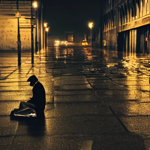 Prompt: lonely man waiting in rain at night under a street lamp
