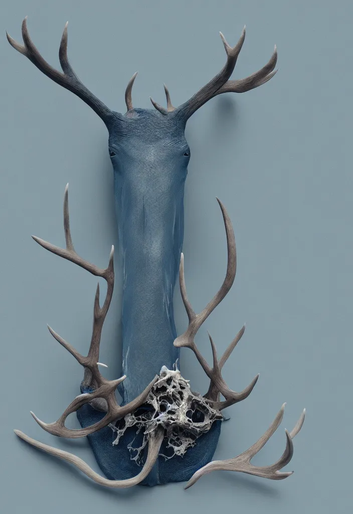 Prompt: delicate animal innards, antlers white bones ,melted wax, sharp slate. complementary color scheme. national geographic. 8k, rendered in octane, smooth gradients. blue whale