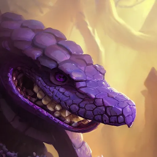 Image similar to a portrait of a violet snake-head, snake head, two fangs, violet theme, epic fantasy digital art style, fantasy artwork, by Greg Rutkowski, fantasy hearthstone card art style