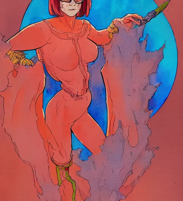 Prompt: a 3 / 4 view watercolor ink painting of velma as a god of destruction in the style of jean giraud in the style of moebius trending on artstation deviantart pinterest detailed realistic hd 8 k high resolution