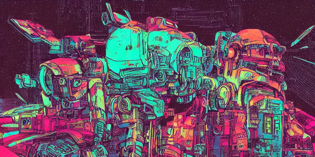 Prompt: a close - up grainy, risograph painting, hyper light drigter, neon colors, a big mech droid head, wires around, floating above the sharp peaks weapons, edena's world, style by moebius and kim jung gi