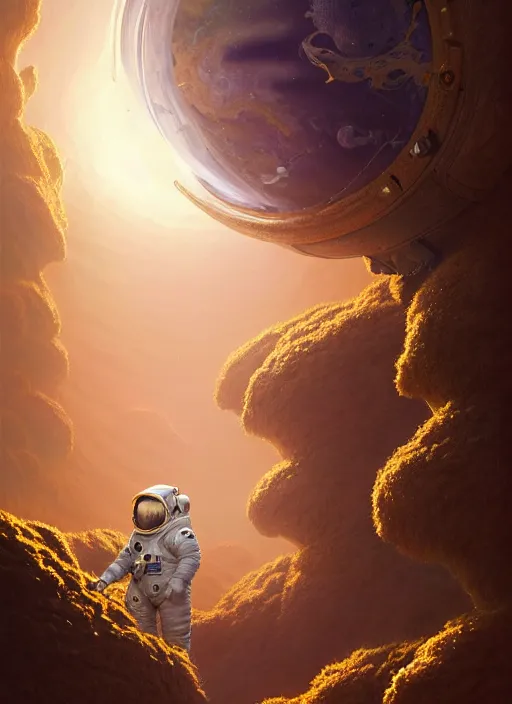 Prompt: extremely detailed, astronaut lush planet, full body, soft light, golden glow, diffuse lighting, fantasy, intricate, surrealism!!!!, highly detailed, lifelike, photorealistic, digital painting, artstation, illustration, concept art, smooth, sharp focus, by greg rutkowski, chris tulloch mccabe, valentina remenar and asher duran,