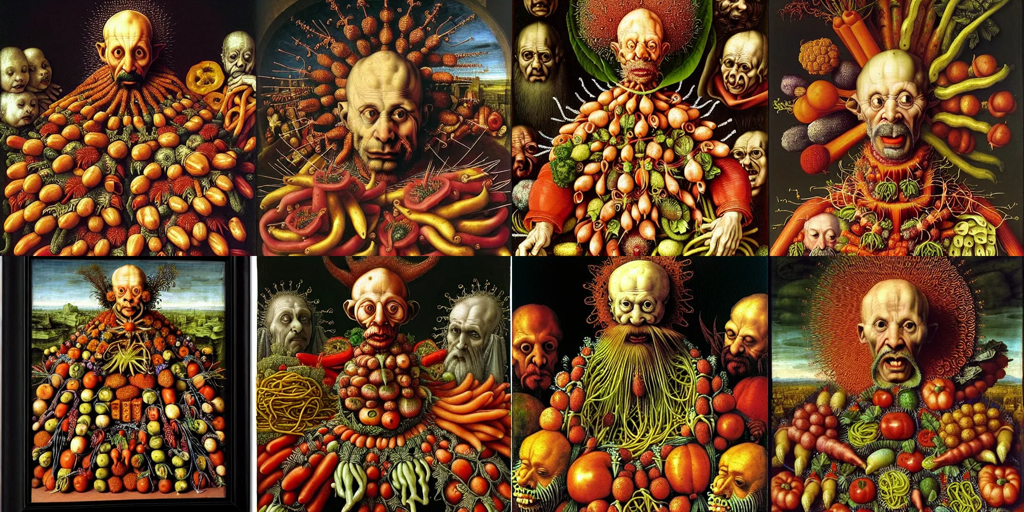 Prompt: full body image of a catholic priest wearing spagetthi fractals, a crowd of vegetables is watching, highly detailed, by giuseppe arcimboldo and ambrosius benson, renaissance, romanticism, intricate and intense oil paint, a touch of beksinski, realistic