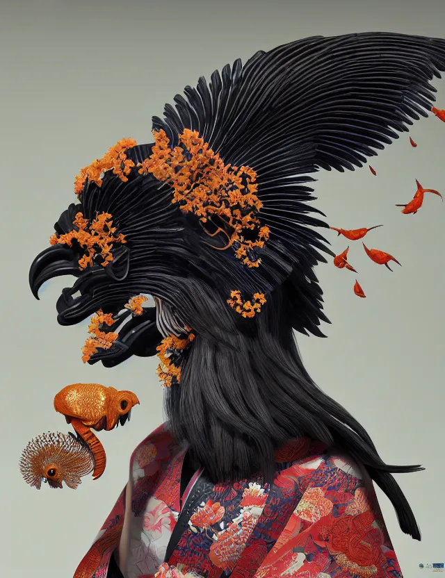 Image similar to 3 d scene of interior modelling goddess close - up profile portrait with ram skull. beautiful intricately detailed japanese crow kitsune mask and clasical japanese kimono. betta fish, jellyfish phoenix, bio luminescent, plasma, ice, water, wind, creature, artwork by tooth wu and wlop and beeple and greg rutkowski