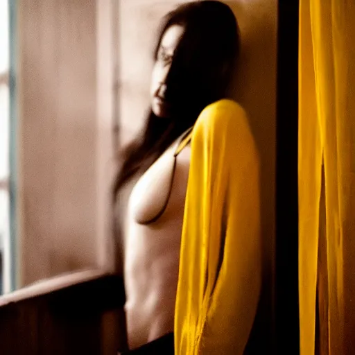 Image similar to a photo of a beautiful woman. moody and melanchony, dramatic lighting. with a little bit of tasteful yellow and red.