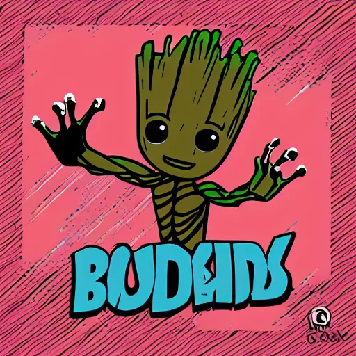 Prompt: baby groot and random english words with red and black colors as pop smoke album cover