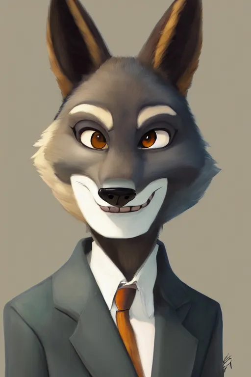 Prompt: oil painting of anthromorphic female wolf, in style of cory loftis, female fursona, furry, furaffinity, 4 k, deviantart, furry art, fursona art, wearing black business suit, business suit, in style of zootopia, wolf fursona, cyberpunk, female, very expressive detailed feminine face,