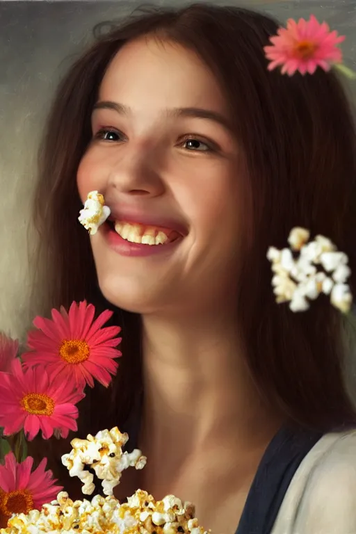 Prompt: portrait ancient of a happy girl, lots of flowers and popcorn around, hyperrealistic, hightech