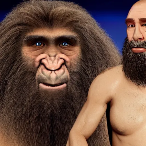 Prompt: Neanderthal interviewed on The Tonight Show, Homo neanderthalensis, 2022 TV footage, talk show