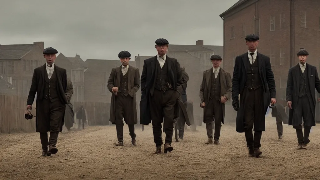 Prompt: the peaky blinders made of of peanuts, film still from the movie directed by denis villeneuve with art direction by zdzis