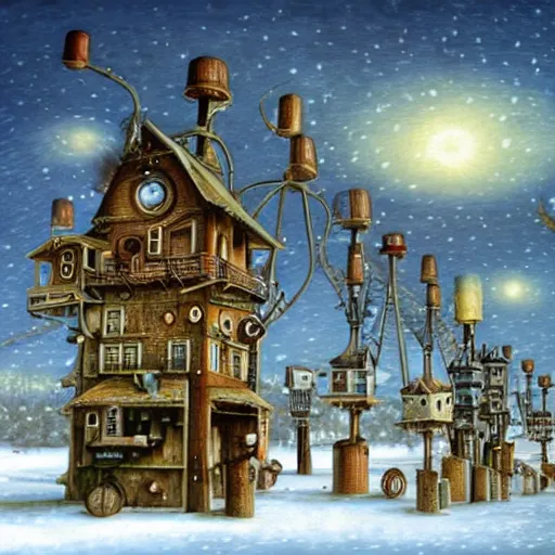 Image similar to a steampunk village on stilts in a snowy field , by Naoto Hattori,