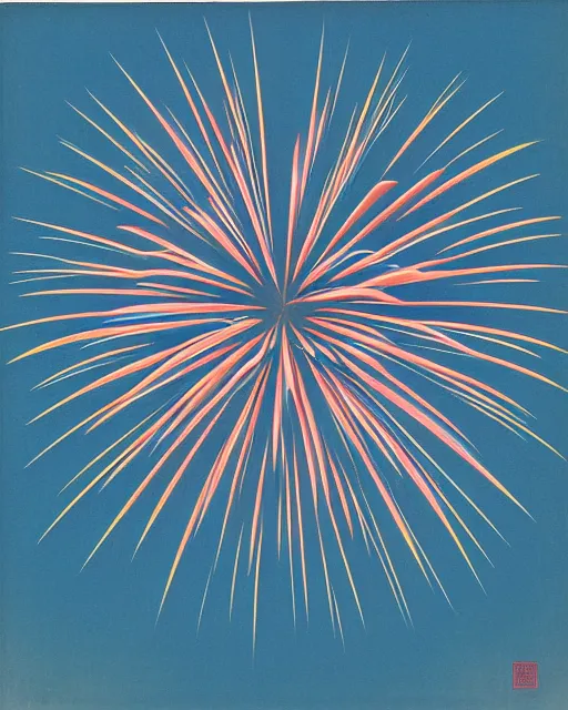 Prompt: summer fireworks over Sumida River across from Asakusa, minimalist geometric abstract art in the style of Hilma af Klint