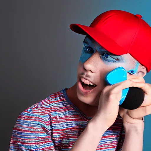 Image similar to a portrait of an american teenage boy with cyan colored hair, wearing a red backwards cap with a blue brim, white t - shirt with a red no symbol on it, blue long pants and red shoes, holding a microphone, studio lighting, photoshoot, grey backdrop