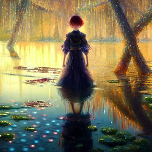 Image similar to beautiful young girl in intricate clothing by ross tran, walking on a crystal clear lake at night, painted by sana takeda, reflections, very high intricate details, painting by liu xiaodong, digital anime art, medium shot, mid - shot, composition by ilya kuvshinov, lighting by greg rutkowski