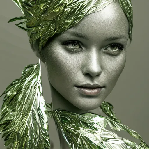 Prompt: a highly detailed digital image of a silver covered elegantly posed futuristic woman beautifully cocooned in green leafy foliage like leaves shot, full body shot, by Andrew Chiampo, artstation, and Frederik Heyman, extremely detailed woman, stunning volumetric lighting, hyper realism, fantasy 4k