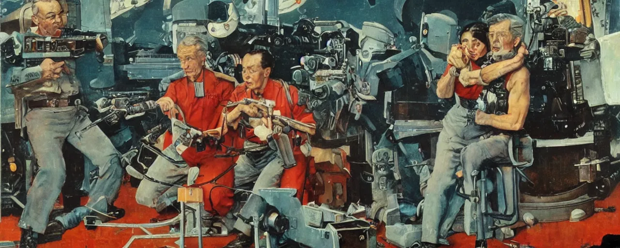 Image similar to Soviet era science fiction set painted by norman rockwell and tom lovell and frank schoonover, cinematography by Yo-Yo Ma, composition by Fritz Lang