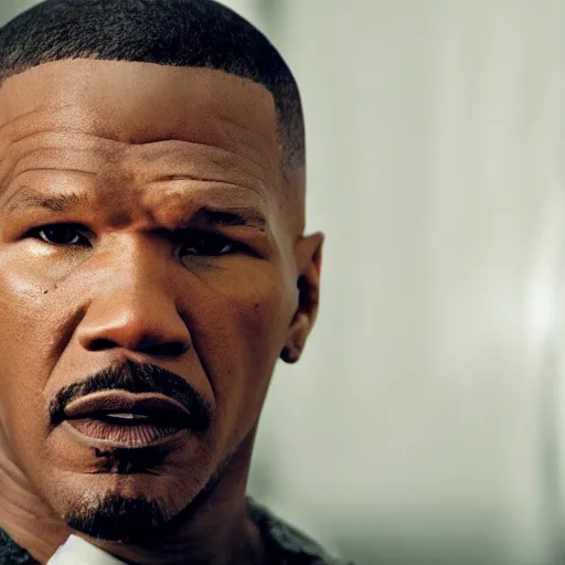 Prompt: a cinematic film still of Jamie Foxx starring as Mike Tyson, portrait, 40mm lens, shallow depth of field, close up, split lighting, cinematic