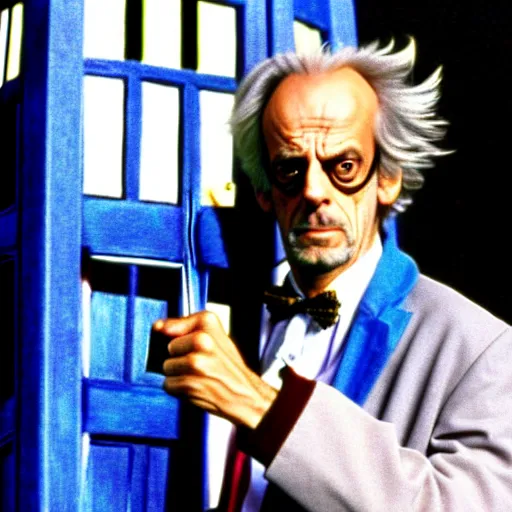 Prompt: christopher lloyd as doctor who in front of tardis, directed by steven spielberg, 1 9 9 4