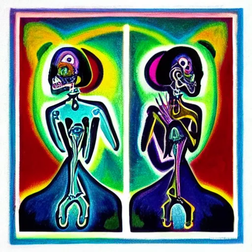 Prompt: In the center of the body art is a large gateway that seems to lead into abyss of darkness. On either side of the gateway are two figures, one a demon-like creature, the other a skeletal figure. holography, in the tundra by Alexej von Jawlensky, by Lisa Frank sinister