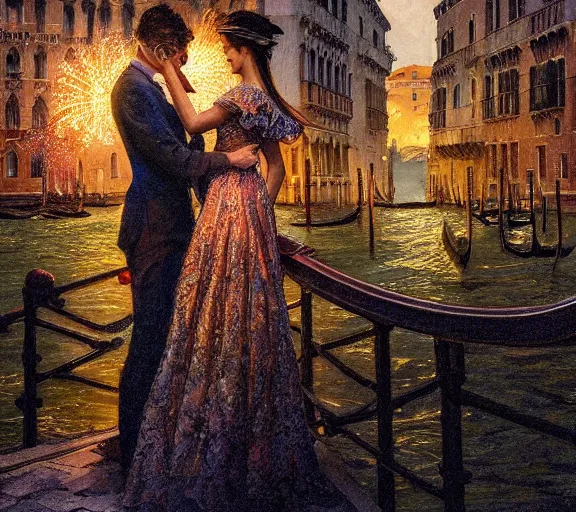 Image similar to photography of a 1 8 th couple in venice with fireworks, deep focus, intricate, elegant, highly detailed, digital painting, artstation, concept art, matte, sharp focus, illustration, art by artgerm and greg rutkowski and alphonse mucha and gil elvgren