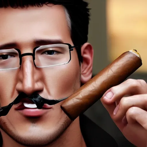 Image similar to a closeup photo of handsome gigachad markiplier smoking a cigar, 8k photorealism, extremly detailed, trending on artstation